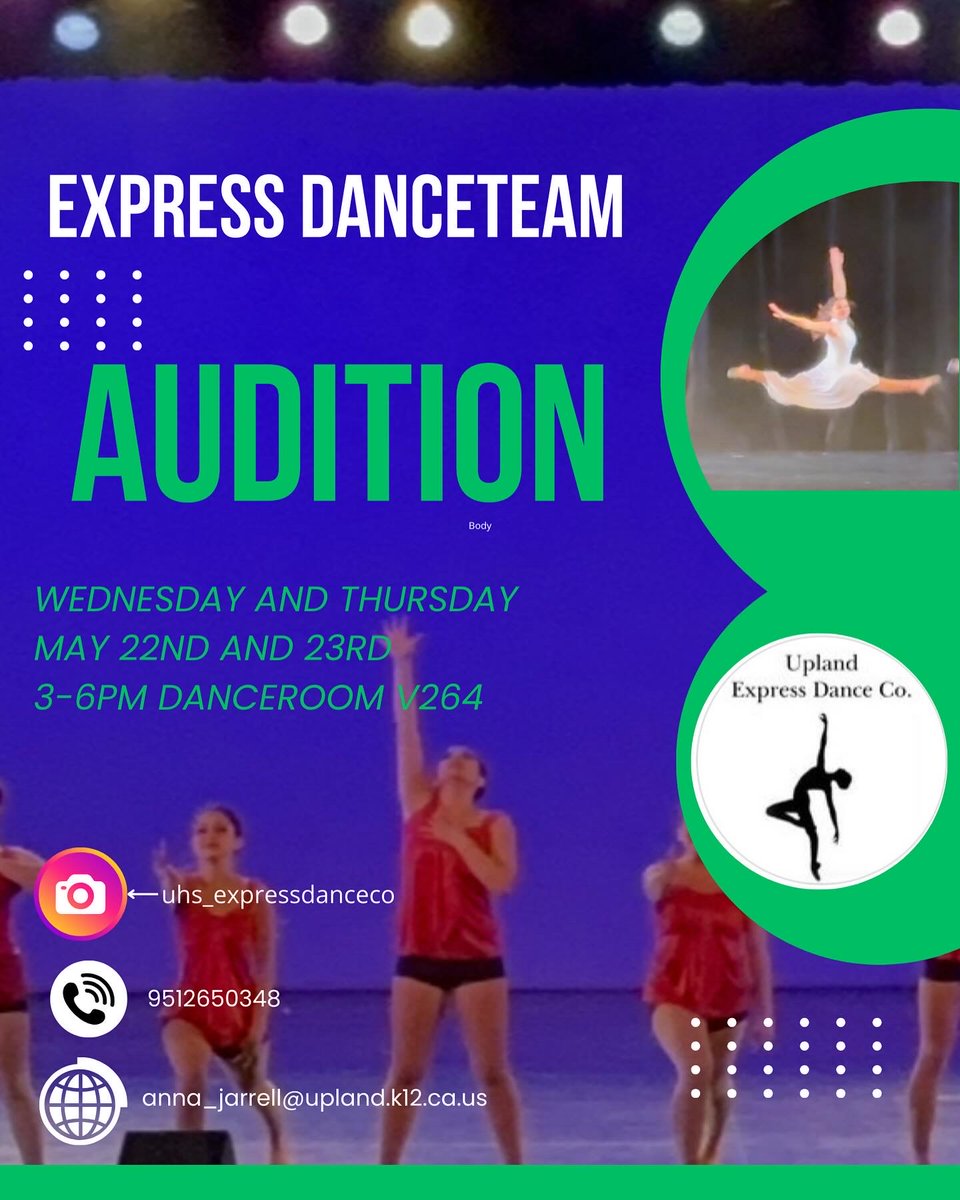 Upland High School (@uplandhs) on Twitter photo Come out to tryout for our 2024/25 Express Dance Company on Wednesday, May 22nd and Thursday, May 23rd from 3-6pm. Learn the dance then audition it the next day. Email questions to Ms J or for application link at anna_jarrell@upland.k12.ca.us Come out to tryout for our 2024/25 Express Dance Company on Wednesday, May 22nd and Thursday, May 23rd from 3-6pm. Learn the dance then audition it the next day. Email questions to Ms J or for application link at anna_jarrell@upland.k12.ca.us