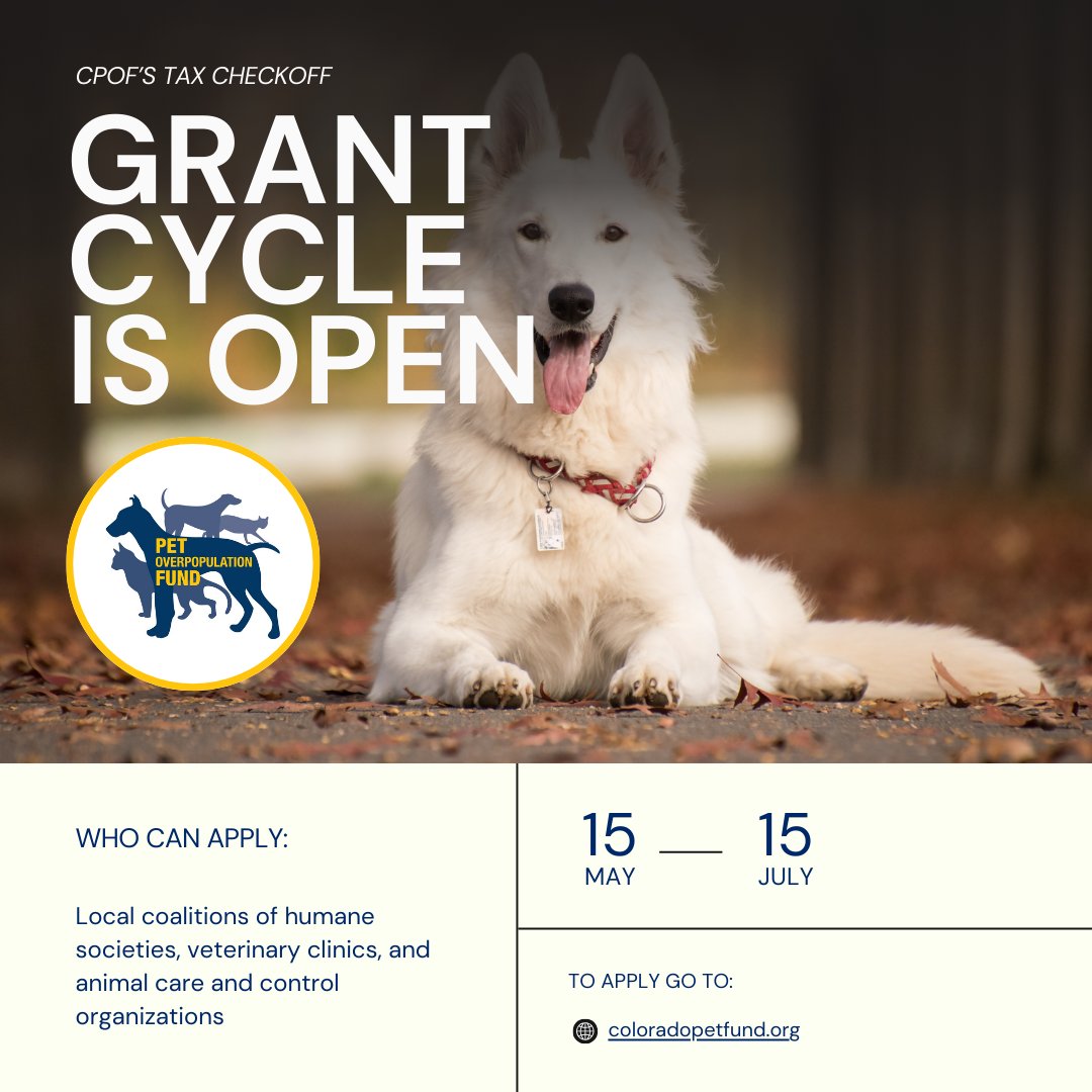 🌟 Apply for CPOF's grant to support spay/neuter efforts for Colorado's owned pets!

Learn more &amp; apply at: coloradopetfund.org/grants

#GrantOpportunity #SpayNeuter #AnimalAdvocacy #ColoradoAnimals