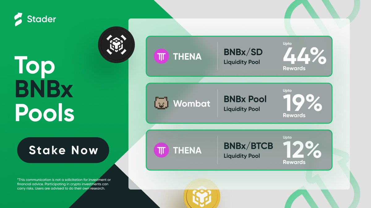 Top $BNBx LPs of the week. 🏆 Supercharge #BNB by staking with Stader & joining: 🔸 $BNBx / $SD on @ThenaFi_ 🔸 $BNBx pool on @WombatExchange 🔸 $BNBx / $BTCB on @ThenaFi_ Mint $BNBx & add liquidity for mega DeFi rewards. Stake Now 👉 staderlabs.com/bnb/stake/