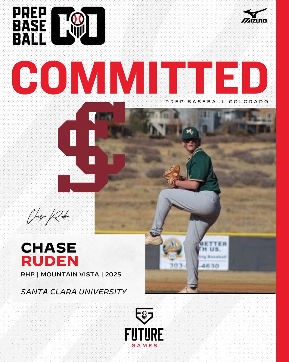 🚨𝐂𝐎𝐌𝐌𝐈𝐓𝐌𝐄𝐍𝐓 𝐀𝐋𝐄𝐑𝐓🚨

'25 RHP Chase Ruden (Mountain Vista) has announced his commitment to Santa Clara University 

Ruden is a Future Games alumni with a fastball into the low 90s &amp; quality spin. 

👤 loom.ly/Hyh78Qc | <a href="/Chase_Ruden14/">Chase Ruden</a>