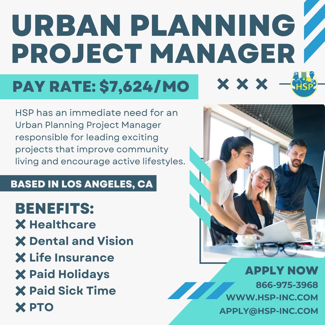Join our team as an Urban Planning Project Manager with a competitive salary of $7,624/month! Don’t miss out—call us today or send your resume to apply@hsp-inc.com and shape the future of L.A.! #HiringNow #JobSearch #Recruitment #MakeADifference