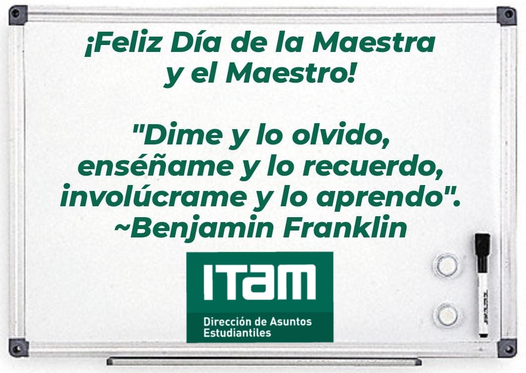 📢Feliz Día de la Maestra y del Maestro‼️
@DAE_ITAM @ITAM_mx Conmemorando el 15 de mayo.
@ITAMuniversity @elsupuesto @aef_itam @IntercambioITAM @CentroLujambio @DiplomadosITAM @PosgradosITAM @ITAM_Biblioteca