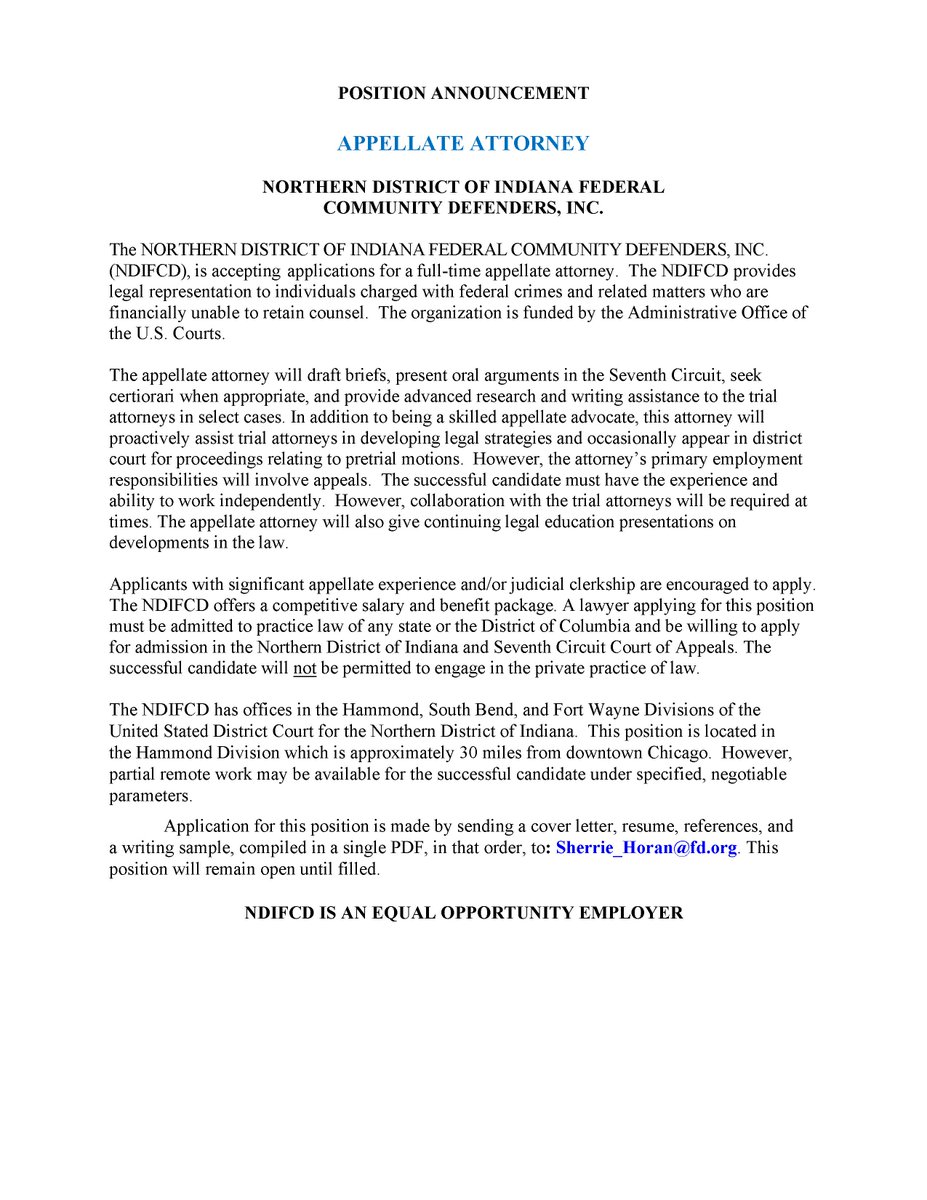 The Northern District of Indiana federal defenders are hiring an appellate attorney! Get that Easterbrook oral argument treatment! And did you know that the Mascot Hall of Fame is nearby? Check it out!

fd.org/sites/default/…

#AppellateTwitter #AppellateJobs #PublicDefenderJobs