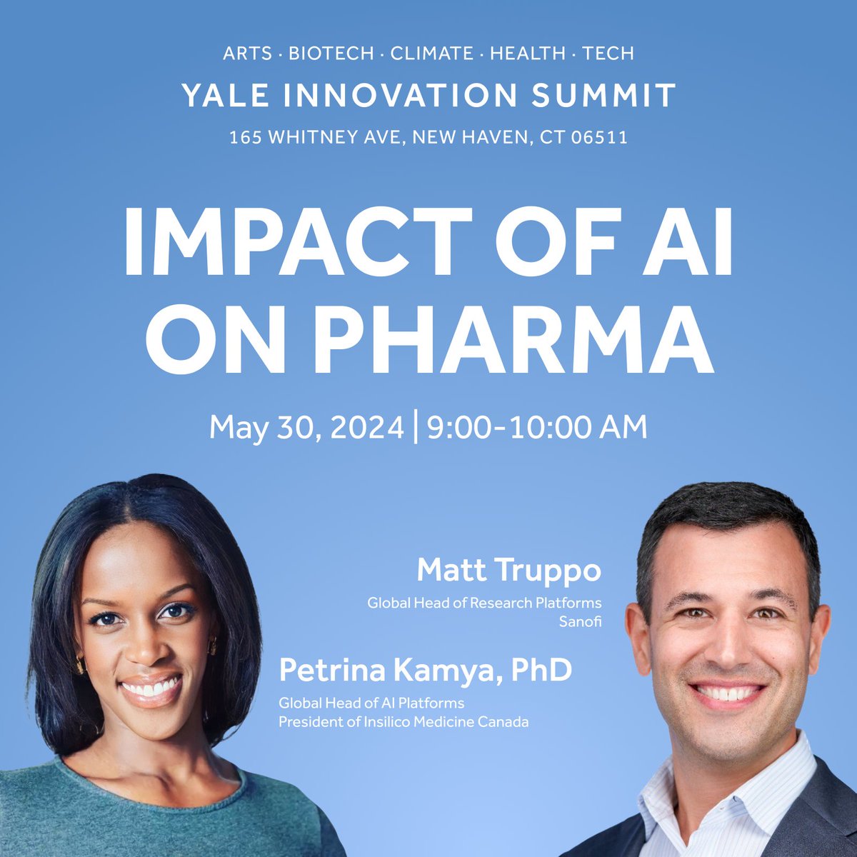 InSilicoMeds's tweet photo. We're headed to the Yale Innovation Summit! Catch Petrina Kamya, Global Head of AI Platforms at Insilico in conversation w/ Matt Truppo, Global Head of Research Platforms @Sanofi discussing the impact of #AI on #pharma on May 30, 9-10am. #yaleinnovation24 https://t.co/2ilboDnoMP https://t.co/Vm8GjNM3Q7