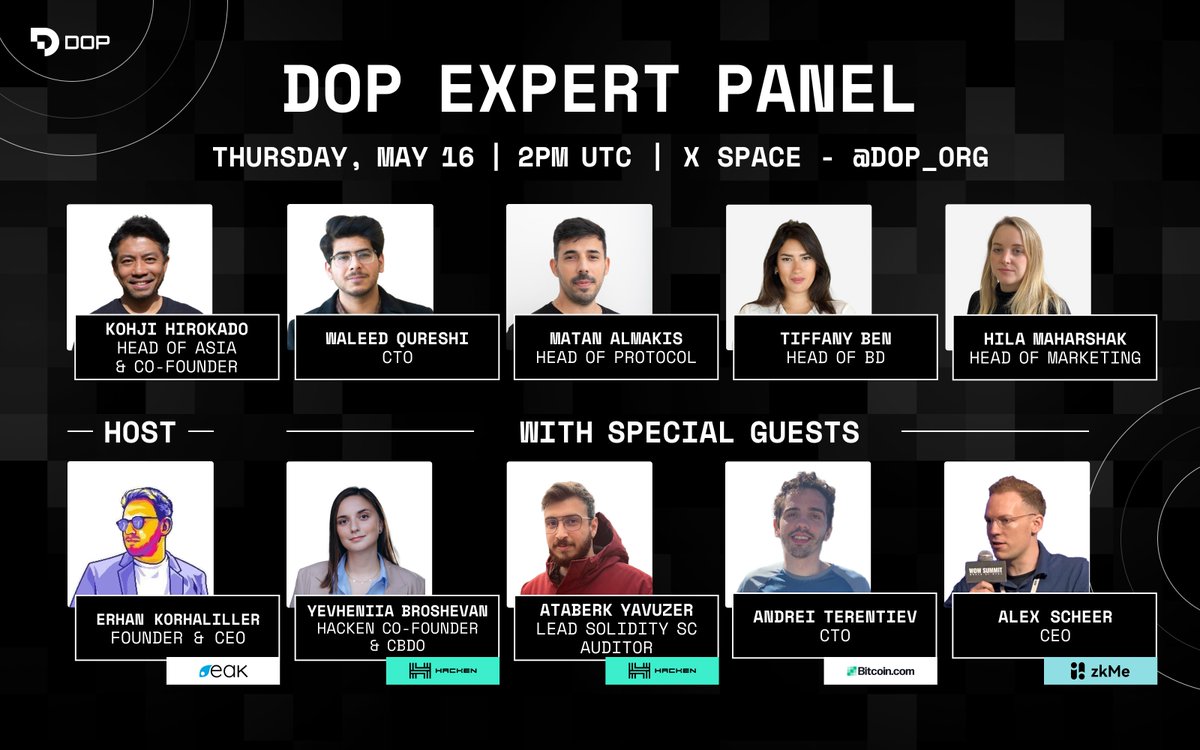 Mark your calendars, DOP community! Join us this Thursday at 2 PM UTC on DOP's X Spaces for an expert panel discussion! Our team - @Kohji_Crypto, @Ikarta4, @Matan_Al, @Tiffany_Ben1, and @Hila_maharshak - will dive into the most pressing topics and answer your burning