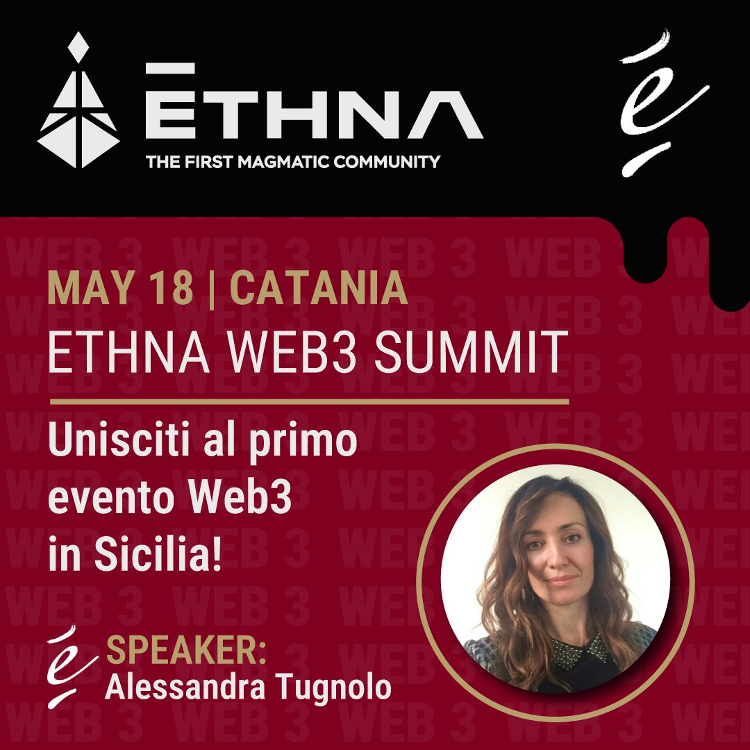 🚀È con grande entusiasmo che annunciamo di essere presenti a @ethna_rocks, il primo evento #Web3 in #Sicilia!

La nostra CEO @ale_tugnolo sarà una dei relatori dell'evento e condividerà la sua esperienza nel mondo web3 con il suo speech 'WEB3 oltre il DIGITALE. È possibile?'