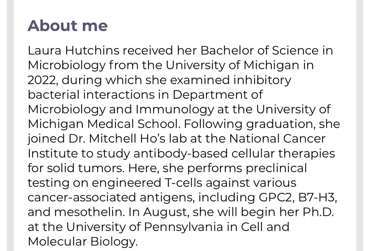 Mitchell Ho, PhD (@mitchellho) on Twitter photo So proud of Laura Hutchins, a postbaccalaureate fellow in our lab @NCIResearchCtr <a href="/NIH_OITE/">NIH Office of Intramural Training & Education</a>, who was selected to give a talk #PEGSummit <a href="/PEGSboston/">PEGS Summit</a> for her work on a new antibody-directed TCR targeting GPC2 for treating neuroblastoma. So proud of Laura Hutchins, a postbaccalaureate fellow in our lab @NCIResearchCtr <a href="/NIH_OITE/">NIH Office of Intramural Training & Education</a>, who was selected to give a talk #PEGSummit <a href="/PEGSboston/">PEGS Summit</a> for her work on a new antibody-directed TCR targeting GPC2 for treating neuroblastoma.