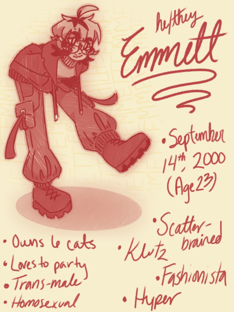 here’s emmett! this is my new oc, y’all can expect to see a lot more of him later on :)! 

#ocart #originalcharacter #originalcharacterart #art #sketch #characterdesign #charactersheet