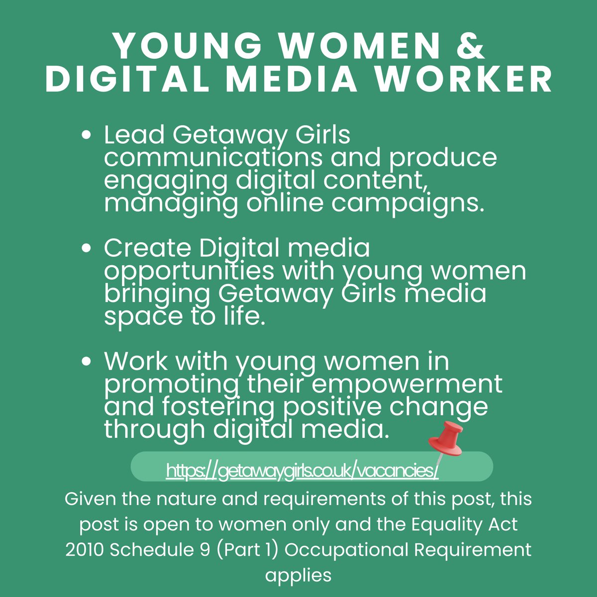 We're hiring! Check out our Young Women and Digital Media Worker post. getawaygirls.co.uk/vacancies/ #GetawayGirls #Career