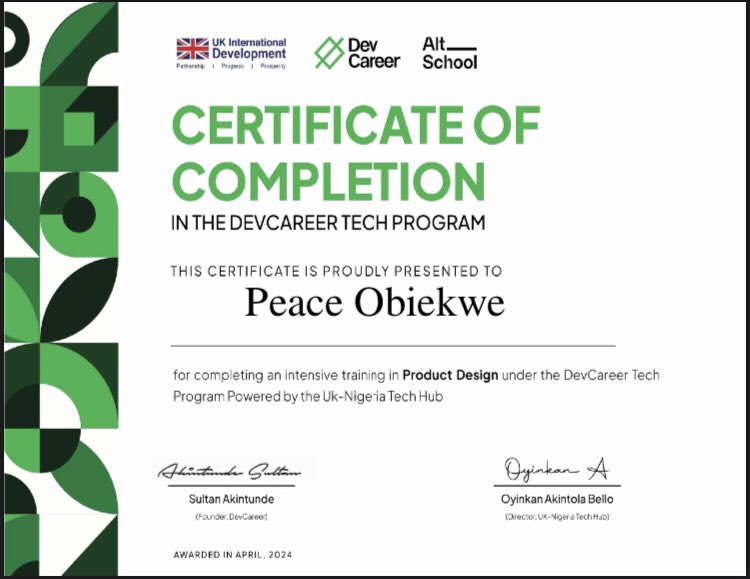 Few weeks ago, I completed my training in Product Design with @dev_careers, in collaboration with @ukngtechhub and @AltSchoolAfrica 

It was an amazing journey, and I’m grateful to have been part of it.