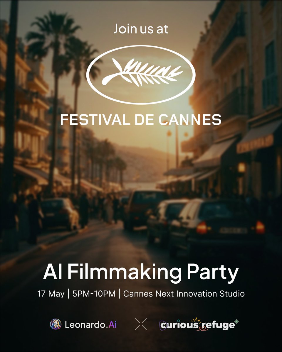 🎬 We're teaming up with @CuriousRefuge to host an AI Filmmaking Happy Hour at @Festival_Cannes. 📍 Cannes Next Innovation Studio 📅 May 17th, 5-10 PM Meet our team & catch up on the latest developments in AI filmmaking. See you there! 👉 bit.ly/3yhobnj