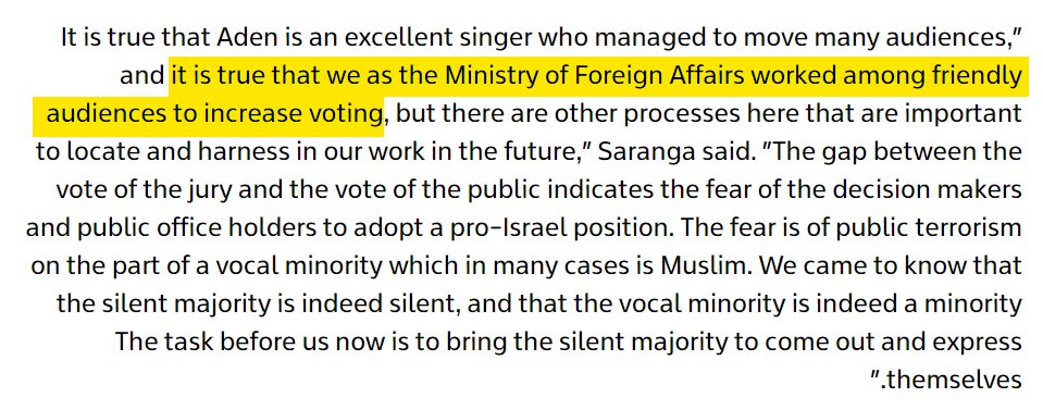 Israeli government official: 'it is true that we as the Ministry of Foreign Affairs worked among friendly audiences to increase voting' And now they're using the televote result to claim Europeans support israeli violence. How is this not instrumentalising Eurovision @EBU_HQ ?