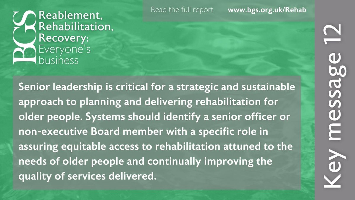 Senior leadership is critical for a strategic & sustainable approach to planning & delivering #rehabilitation for older people. Systems should identify a senior officer or non-executive Board member with a specific role in assuring equitable access. bgs.org.uk/rehab