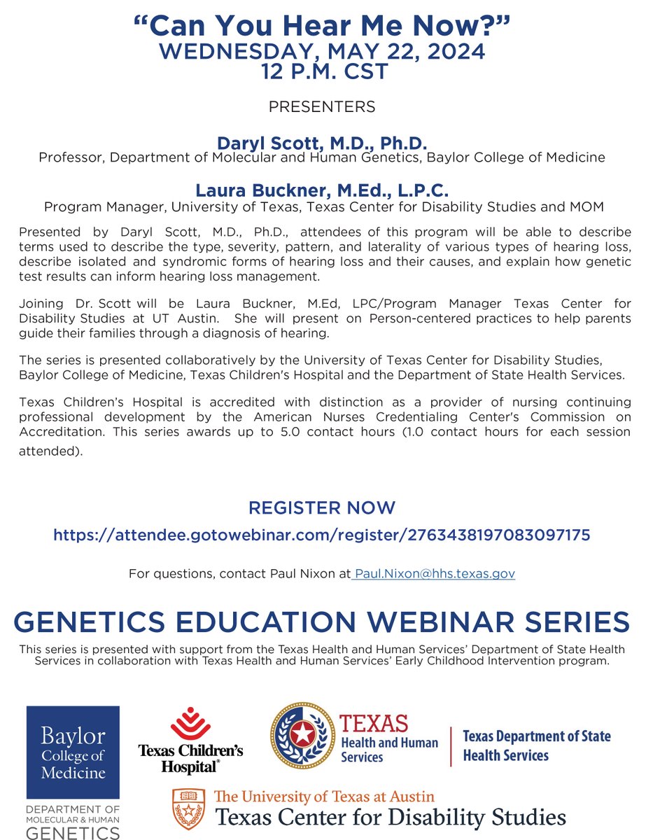 Register for the upcoming Genetics Education Webinar entitled, Can You Hear Me Now?, which will delve into the complexities and advancements in understanding genetic factors influencing hearing loss in children. Register: tinyurl.com/2trmpbzb