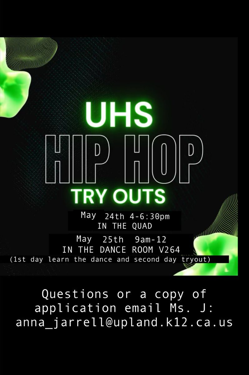 2024/25 Hip Hop Team Tryouts are just around the corner. Come out and learn the dance and tryout the next day. Email Ms J if you have any questions or to get the application link. Good luck!