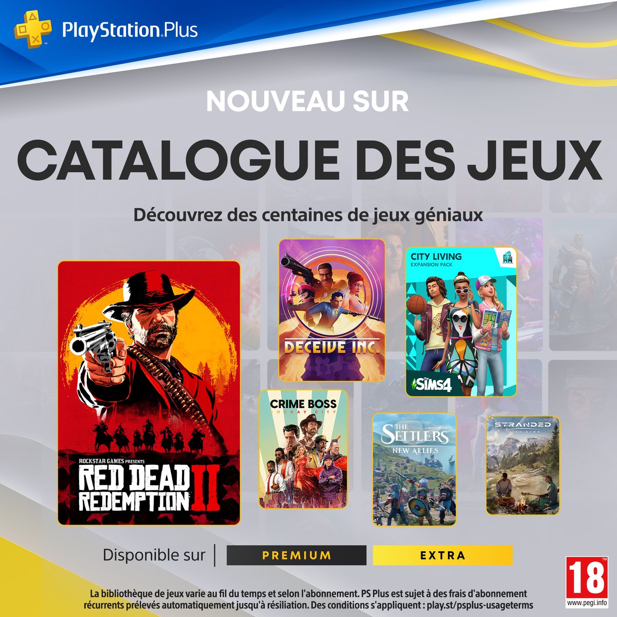 Dès le 21 mai retrouvez 13 nouveaux jeux ajoutés au catalogue PlayStation Plus dont: 🏜️ Red Dead Redemption 2 🕵️ Deceive Inc. 😺 Cat Quest I & II 📱 Watch Dogs Toute la liste dispo ici : play.st/44Qqfir