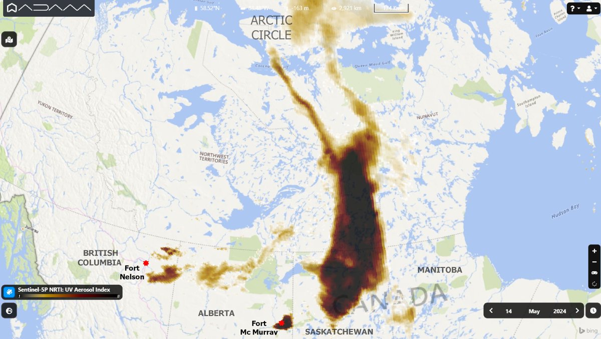 Smoke from several #BritishColumbia and #Alberta #fires reached #arcticcircle. As shown by the #Copernicus #Sentinel5p #Tropomi map on May 14 the plume from intense fires in #Canada is moving Northward.  
#BCwildfire #ABwildfire 
@eumetsat @Giulio_Firenze @dwallacewells @KHayhoe