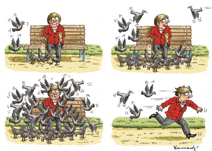 Die Illustrationen in Angela Merkels neuem Buch sind jedenfalls stark. 

Was will uns der Künstler damit sagen?