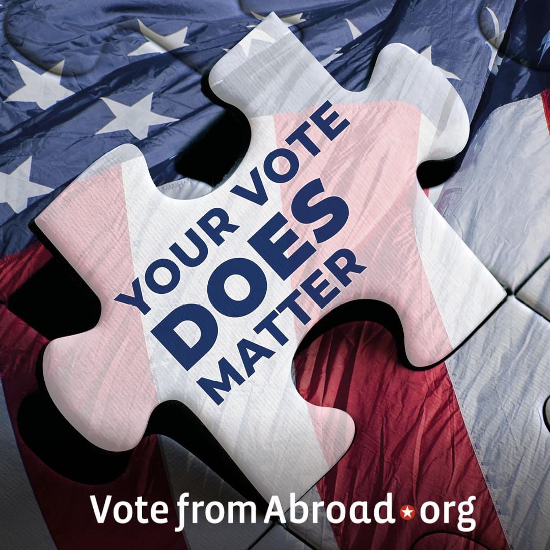 @Blueliberals 🇺🇸Think of our #VoteFromAbroad as the missing piece to the 'How do we win in 2024?' puzzle.
🧩Over 6 million #AmericansAbroad, and votefromabroad.org makes it easy to vote.
🧩Our votes are usually BLUE.
🧩#DemsAbroad works hard to Get Out The Vote; help them spread the word!