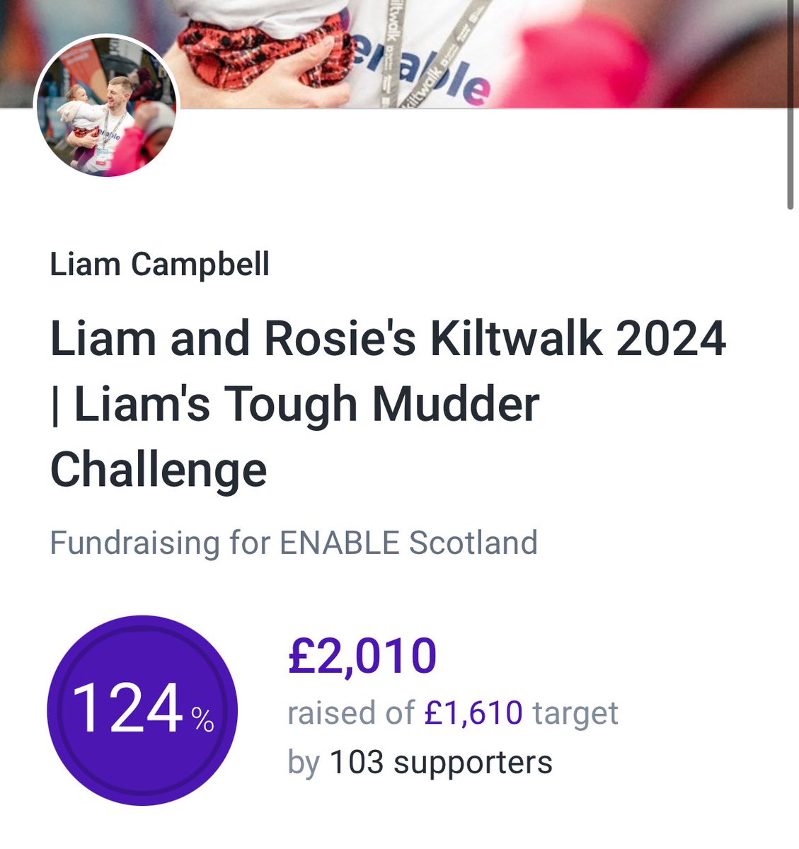 B E A Utiful Man 💜 We did it… thank you to all who have donated and sponsored our @thekiltwalk for @Enable_Tweets. We couldn’t get to 2…. Could we though 😂 justgiving.com/page/liam-rosi…