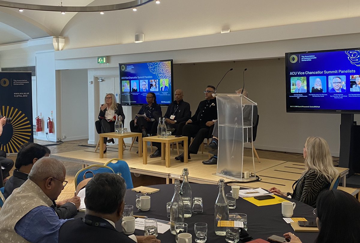 Up next our panel sharing insights from #ACUMember VCs including Prof Sir Hilary Beckles,@UWImona, Prof Sibongile Muthwa, @MandelaUni, Prof Rhonda Lenton, @YorkUPresident & Prof Raj Kumar @JindalGlobalUNI chaired by ACU’s Prof Colin Riordan CBE #ACUSummit24