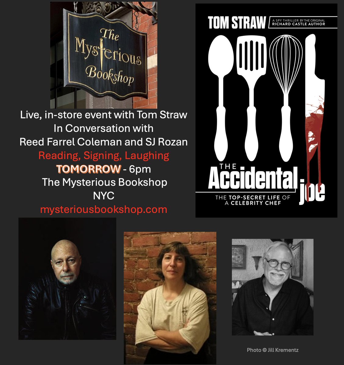 Tomorrow night, come spend 60 New York Minutes at @TheMysterious celebrating the launch of my spy thriller THE ACCIDENTAL JOE. With @ReedFColeman & @SJRozan keeping me on the ropes, it promises to be a don't-miss event. Here's the address and other info: mysteriousbookshop.com/pages/about-us