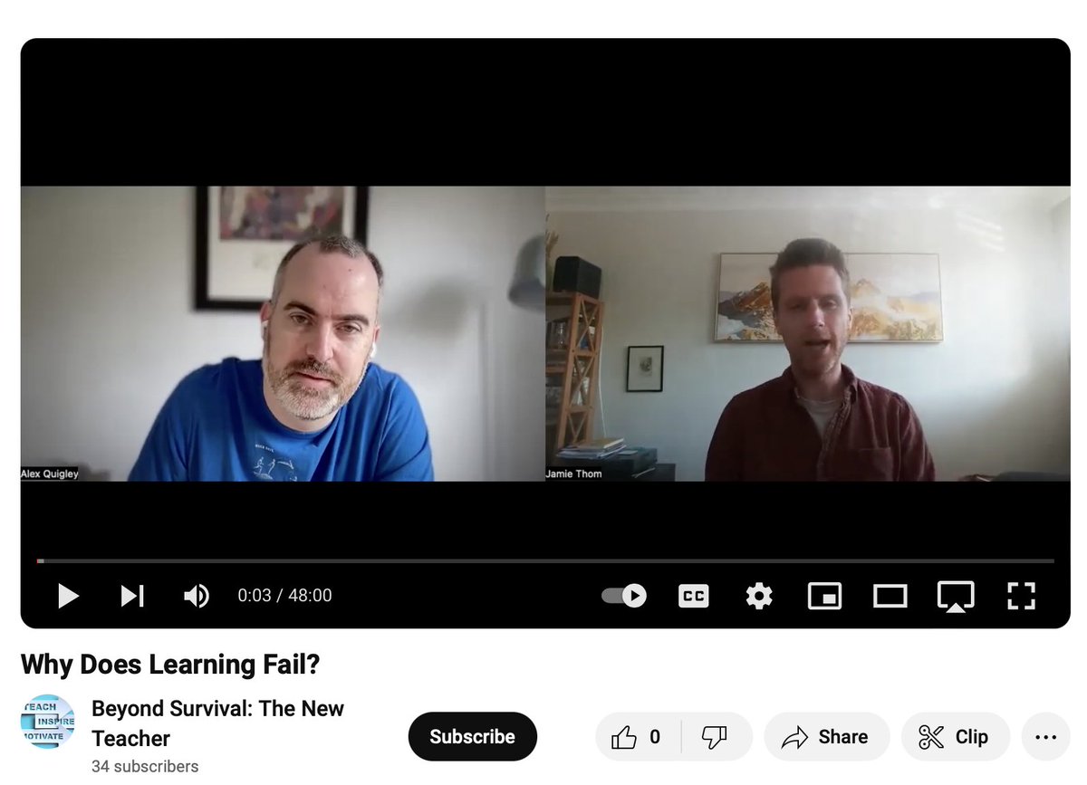 I really enjoyed talking about 'Why Learning Fails' with Jamie Thom, on his 'Beyond Survival: The New Teacher' podcast. You can find it here: youtube.com/watch?v=6rZSij…