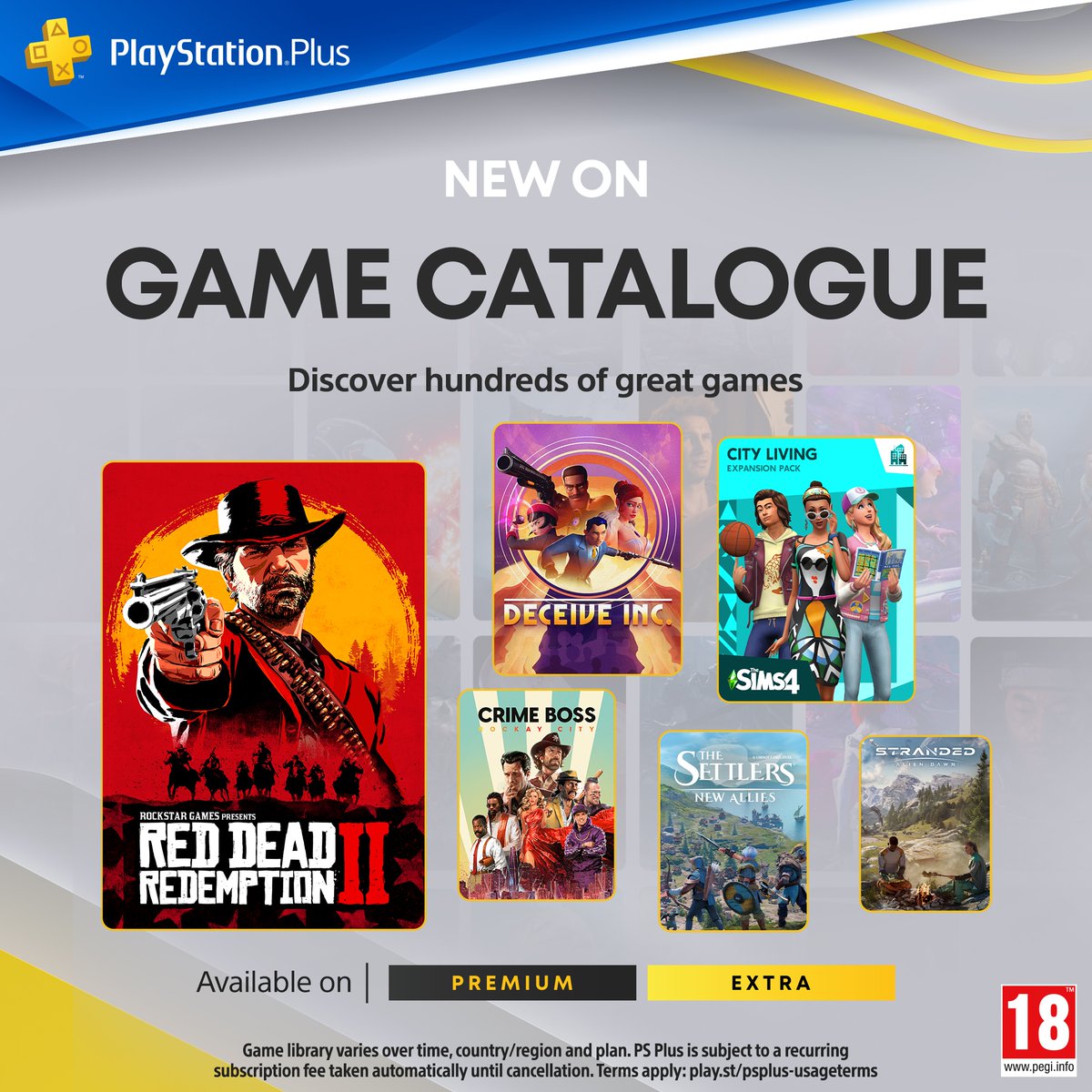 PlayStationUK's tweet photo. Please MAY I introduce this month's new additions to the PlayStation Plus Game Catalogue... 

1/3 

🤠 Red Dead Redemption 2
🏙️ The Sims 4: City Living
🕵️ Deceive Inc.
🚨 Crime Boss: Rockay City https://t.co/aO84UNTdtS