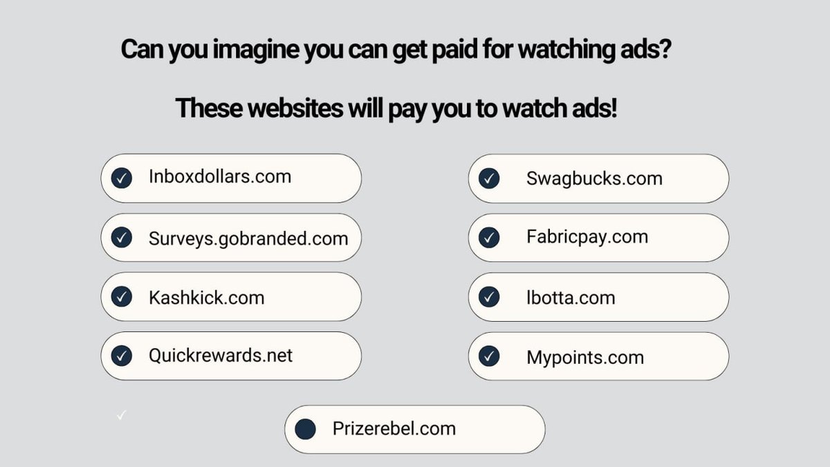 You can get paid to watch ads! 💰 Earn up to $45 per hour just by watching ads on these websites! 💻 Don't miss out on easy money! 

#PaidToWatchAds #EasyMoney #SideHustle #OnlineEarnings #GetPaidToWatch #EarnFromHome #MoneyMaking #ExtraIncome #WorkFromHome #PassiveIncome
