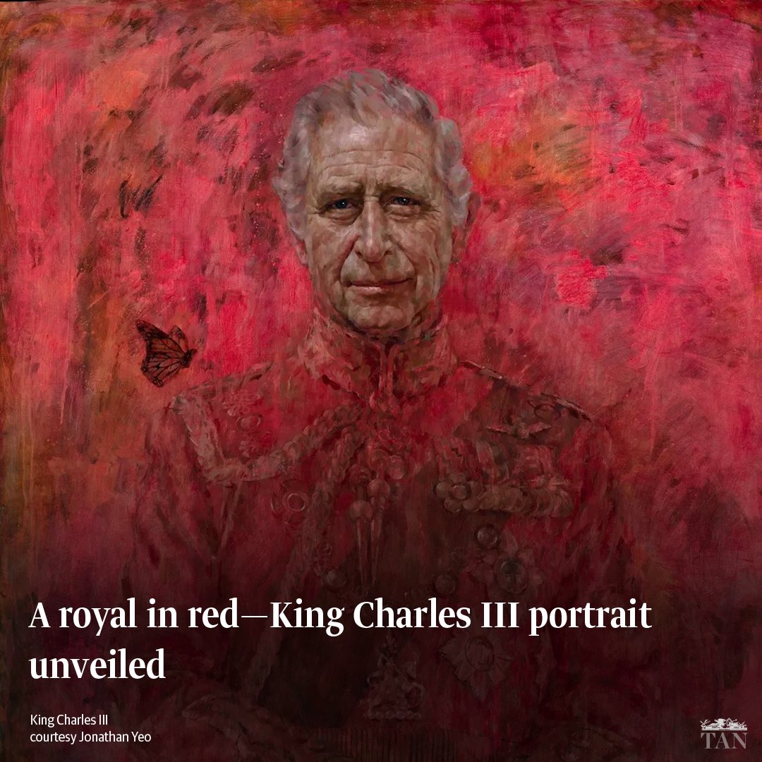 King Charles III's latest portrait by Jonathan Yeo was unveiled on May 14. It features the King in Welsh Guards uniform with an eco-friendly twist—a butterfly on his shoulder. Queen Camilla approves, saying, 'Yes, you've got him @RealJonathanYeo

ow.ly/61xL50RGOL9
