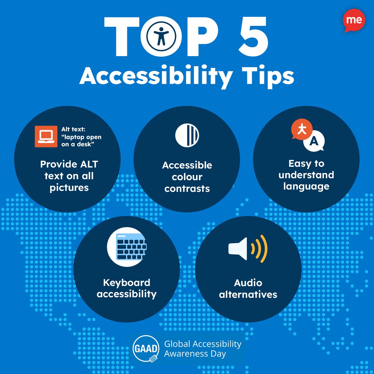 Check out these top 5 #accessibility tips from @reciteme: 🔘Provide alt-text on pictures 🔘Accessible colour contrast 🔘Easy to understand language 🔘Keyboard accessibility 🔘Audio alternatives #GlobalAccessibilityAwarenessDay