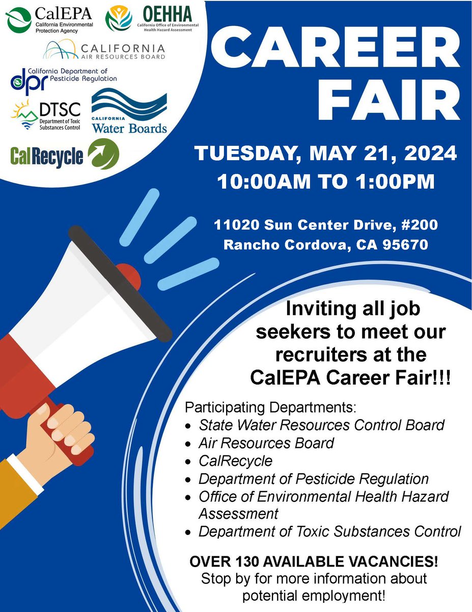 Job hunting for work that will #MakeADifference? Join us at the @CaliforniaEPA #JobFair on Tues. May 21 and learn about the many positions available to protect the environment and public health! #NowHiring #GovernmentJobs #ScienceJobs #Work4CA #OEHHACareers #EnvironmentalJobs