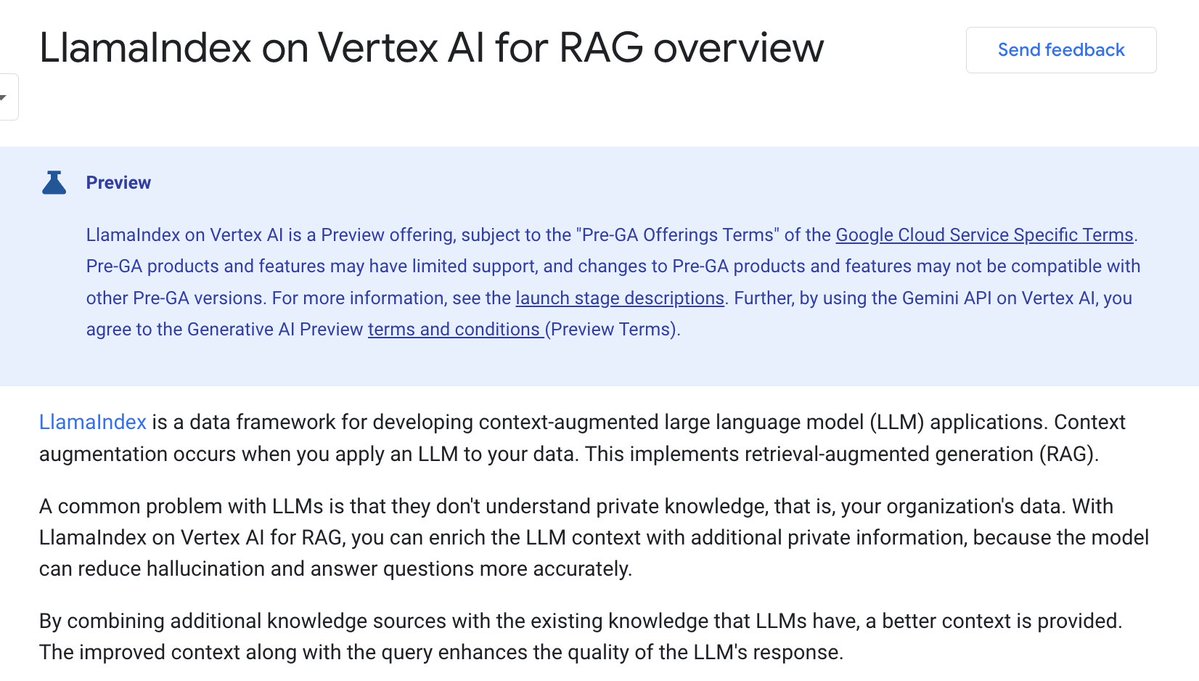 Announcing LlamaIndex on Vertex AI 💫 We are excited to partner with the Vertex AI team (@googlecloud) to feature a brand-new RAG API on Vertex, powered by @llama_index advanced modules that enable e2e indexing, embedding, retrieval, and generation. It is simultaneously 💡easy