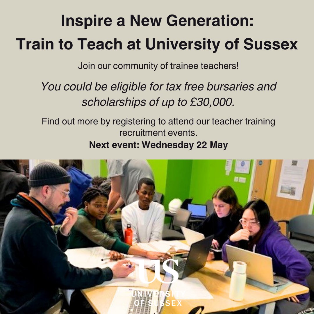 👩‍🏫✨ We are hosting a free in-person Teacher Training Information Event on campus TOMORROW (22 May) from 5-6pm, for anyone who may be interested in learning more about getting into teaching. 🌟 This opportunity is available to all - book your place here!👇 sussex.ac.uk/study/visit-us…