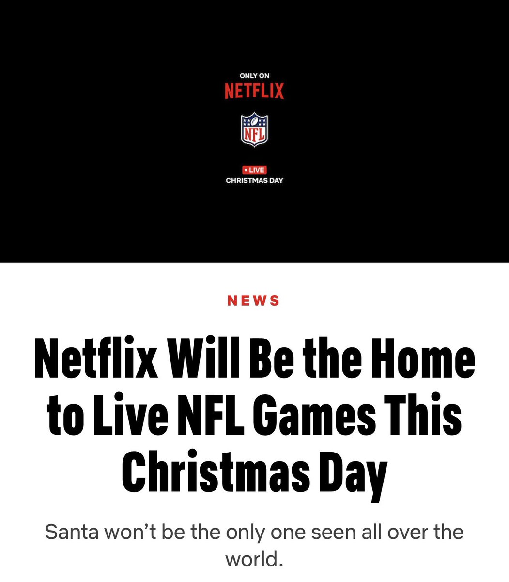 This is BIG BIG BIG news 🏈 @netflix will stream one holiday NFL game per season as part of a 3-year global rights deal with @NFL! This will help generate greater awareness of the sport outside of the US and seek to attract new audiences! #SportsBiz #SportsTech $NFLX