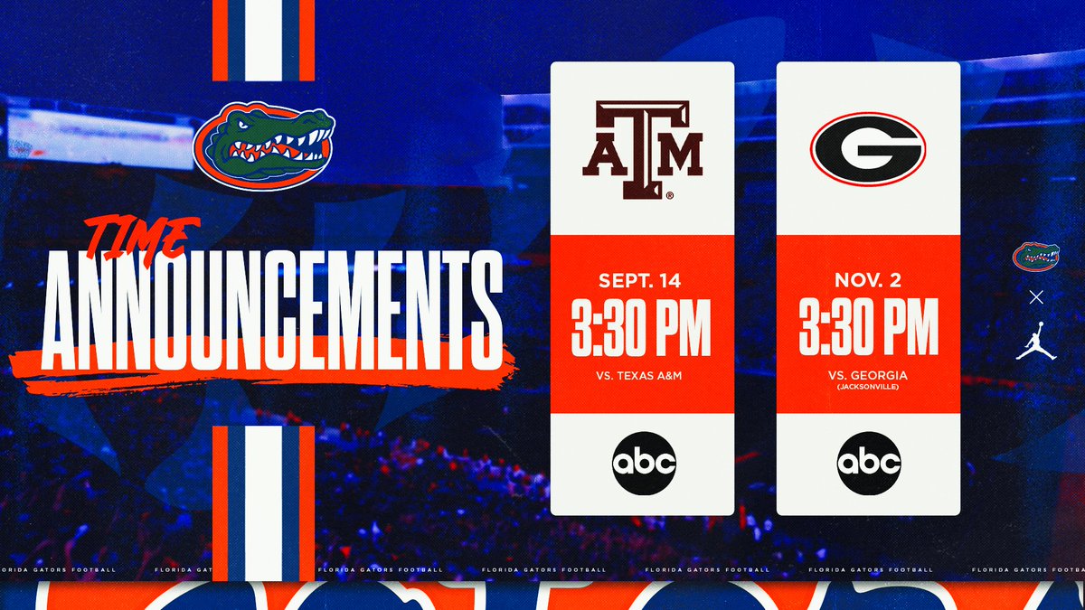 Two more of our 2024 games have been announced for 3:30pm on ABC. 🐊 vs. Texas A&M vs. Georgia (Jacksonville) 🔗: floridagators.com/news/2024/5/15… #GoGators | #jOURney