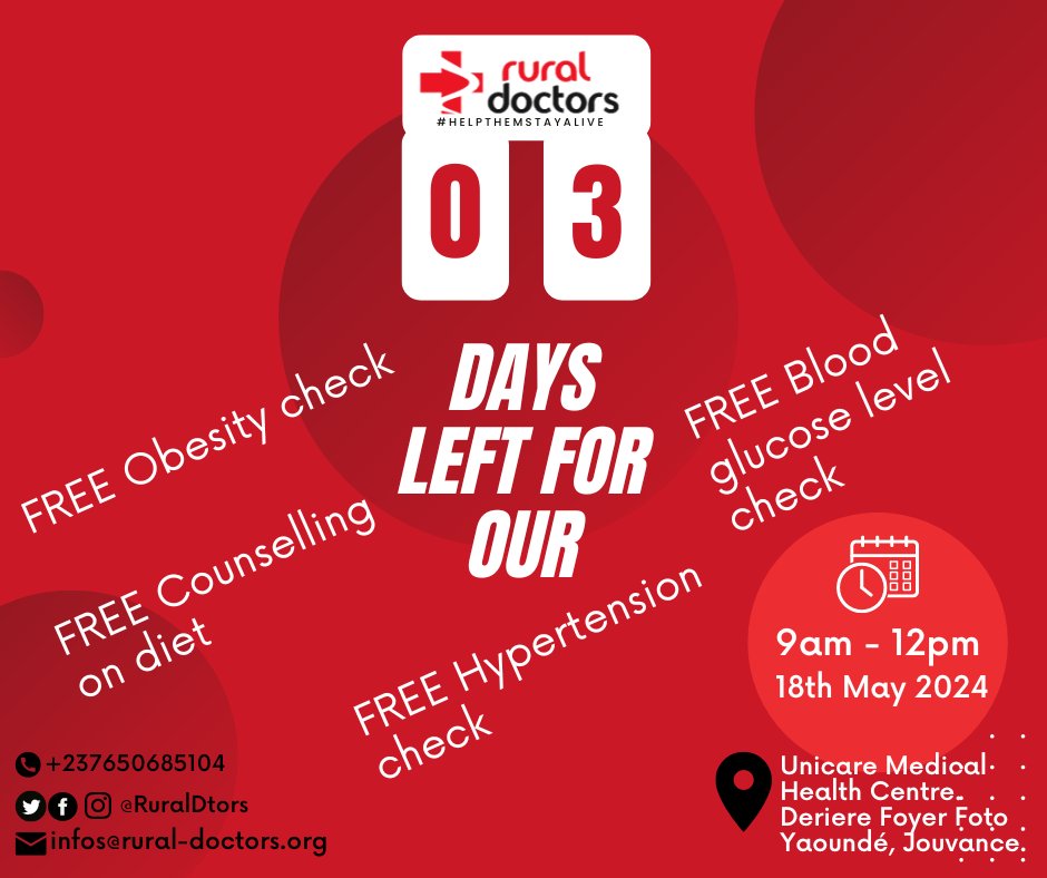 Hellooo📣
03 Days count down already.
Please save the date, my people. This Saturday 18th of May 2024 from 9am to 12pm

#rd #NCD #communities #HealthCheckup #obesity #hypertension #bloodglucose