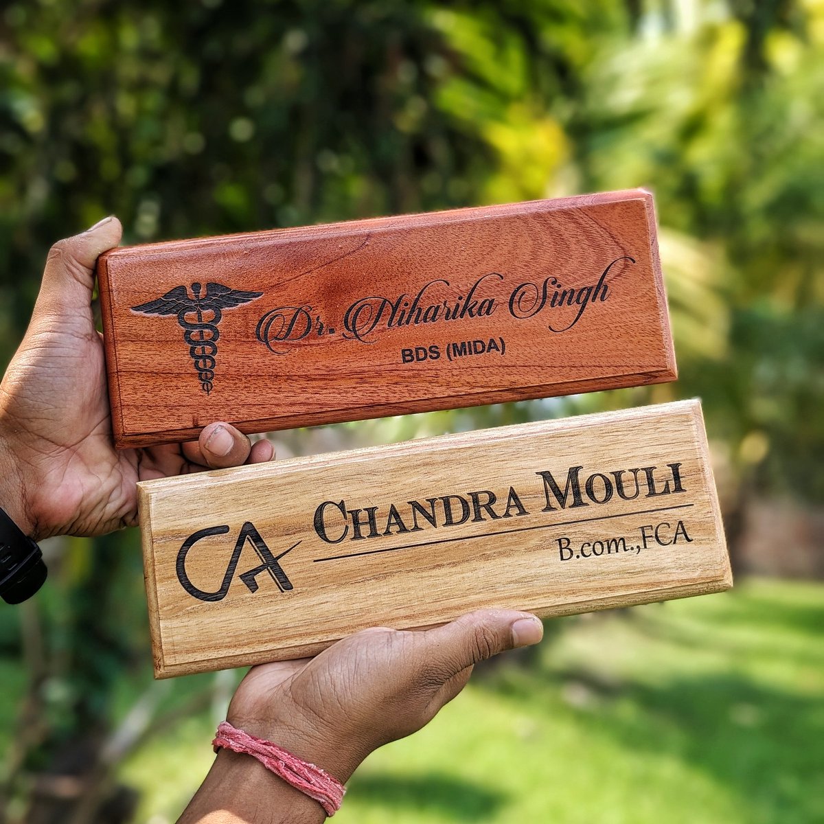 Personalised wooden nameplates for your office. Customise them with your logo, name and designation. #woodgeek #woodgeekstore #nameplate #woodennameplate #namesign #officenameplate #officesign #desknameplate #bulkorder #corporategifts #personalisedgifts #customgifts #woodworking