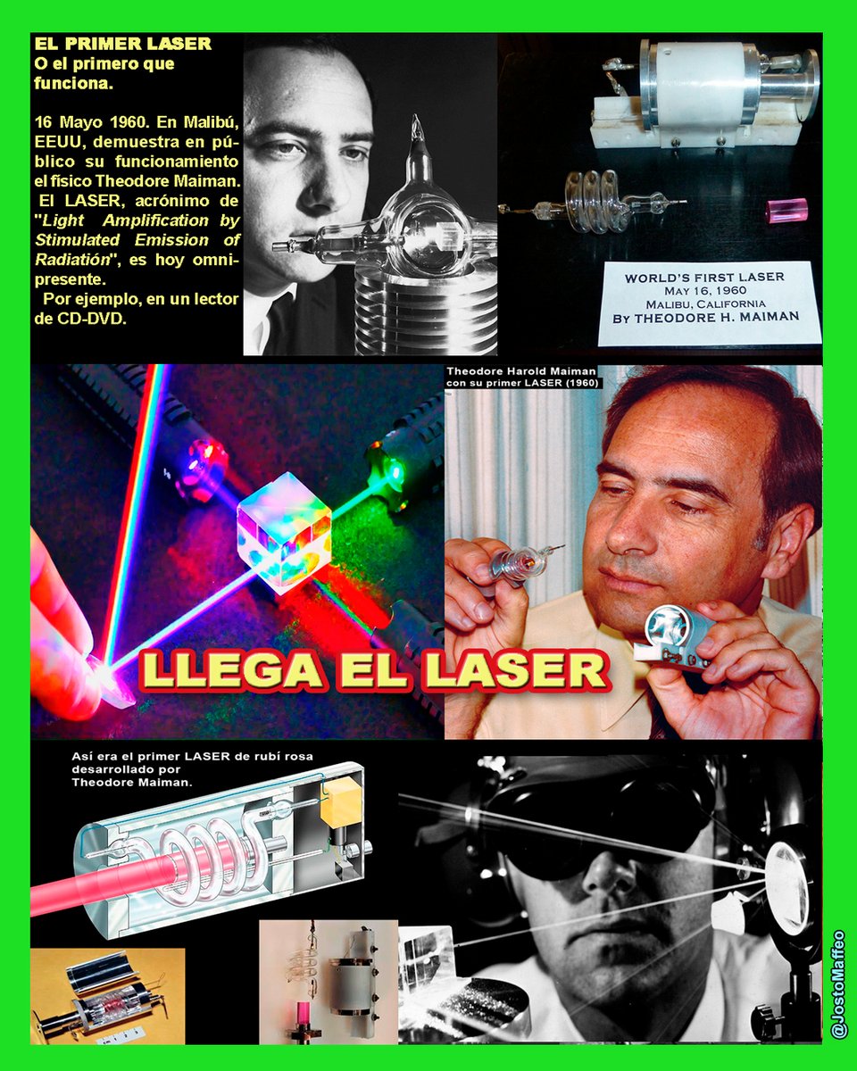 JostoMaffeo's tweet photo. ⚡ 📀 PRIMER LASER 
O el primero que funciona. 

16 Mayo 1960. En #Malibu, demuestra su funcionamiento el #físico Theodore #Maiman.
 El #LASER, acrónimo de "Light  Amplification by Stimulated Emission of Radiatión", es hoy omnipresente. 
 Por ejemplo, en un lector de CD-DVD. https://t.co/8Isr4DX8Hp