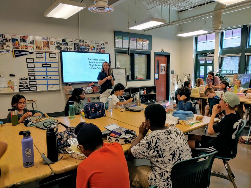 ART_jprovow's tweet photo. A great visit this month with @BrickellAcademy Gifted Art elementary students, parents, &amp; teachers. Our 8th graders toured small groups around the school, students spoke with current middle school artists as they worked, &amp; we gave a presentation of the Art Program here @VBMiddle! https://t.co/OpcgfOda9a