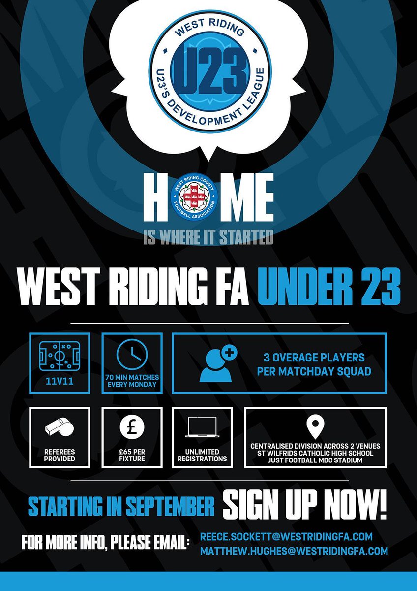 Registration is now open for the West Riding FA Under 23 Development League, which starts in September 2024! Visit the link below to register for the new league, with more information available via the graphic ⬇️ buff.ly/3s42ZxZ