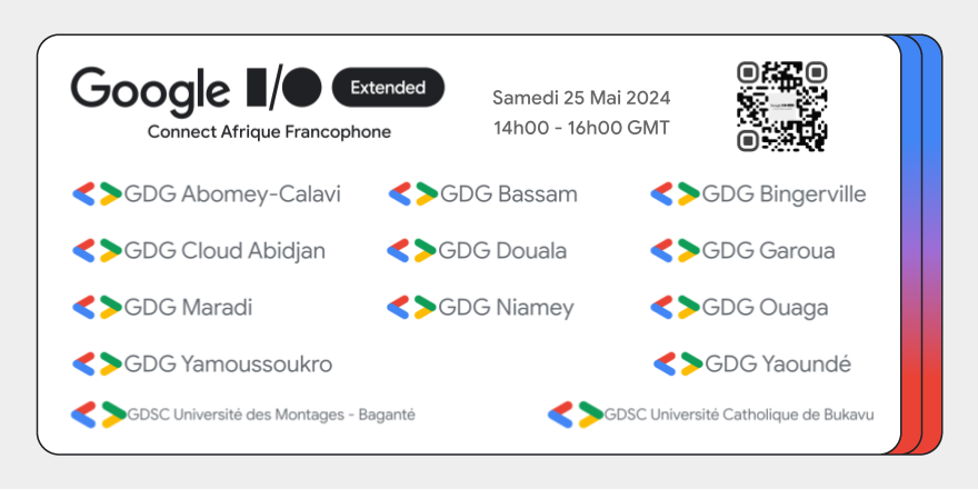 [Google I/O Extended Connect Afrique Francophone]🚀 Un moment d'apprentissage, de partages et de discussions autour des nouveautés du #GoogleIO avec les GDGs de l'Afrique Francophone🥳🥳 Cc: @googleafrica @googledevgroups @googledevs @_jkimani 🔗gdg.community.dev/e/mrq4h2/