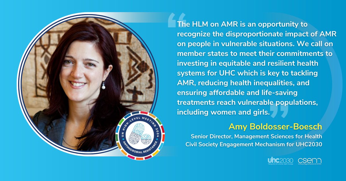 The HLM on Antimicrobial Resistance is an opportunity to recognize the disproportionate impact of AMR on people in vulnerable situations 🙌 Amy Boldosser-Boesch is representing @CSOs4UHC at the Multi-stakeholder hearing on AMR. Let's unite our voices to truly #LeaveNoOneBehind🎯