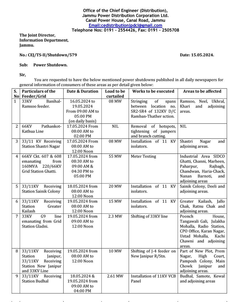 Power Shutdown Notice!
@diprjk @infjammu @ddnews_jammu @radionews_jammu @PublishThe @JAMMULINKS @CrossTownNews @DailyExcelsior1 @State_Times @PTI_News @JammuUpdates @NewspointjK @JammuTribune @jknewstoday @News18Jammu @dmjammuofficial @districtadmkat1 @dcramban @dmrajouri @ANI