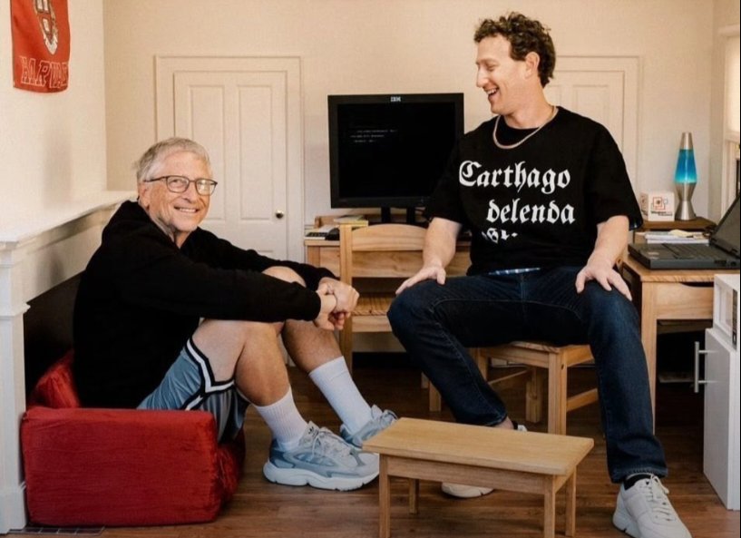 Bill Gates and Mark Zuckerberg. On Zuck's shirt 'Carthago Delenda Est' meaning Carthage must be destroyed. A Roman rallying cry for the complete and total destruction of Carthage due to its wealth and threat to the Roman Empire. Attributed to Cato. Who is Carthage now...