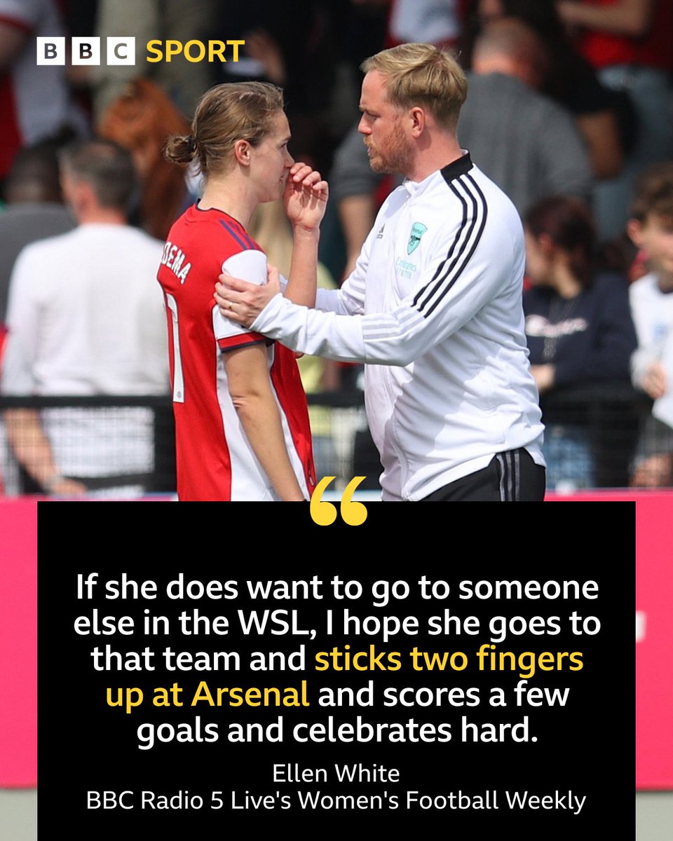 BBCSport's tweet photo. Ellen White says Arsenal made a "shocking decision" not to offer @VivianneMiedema a new contract 😳

#BBCFootball https://t.co/S7lpvXoQWn