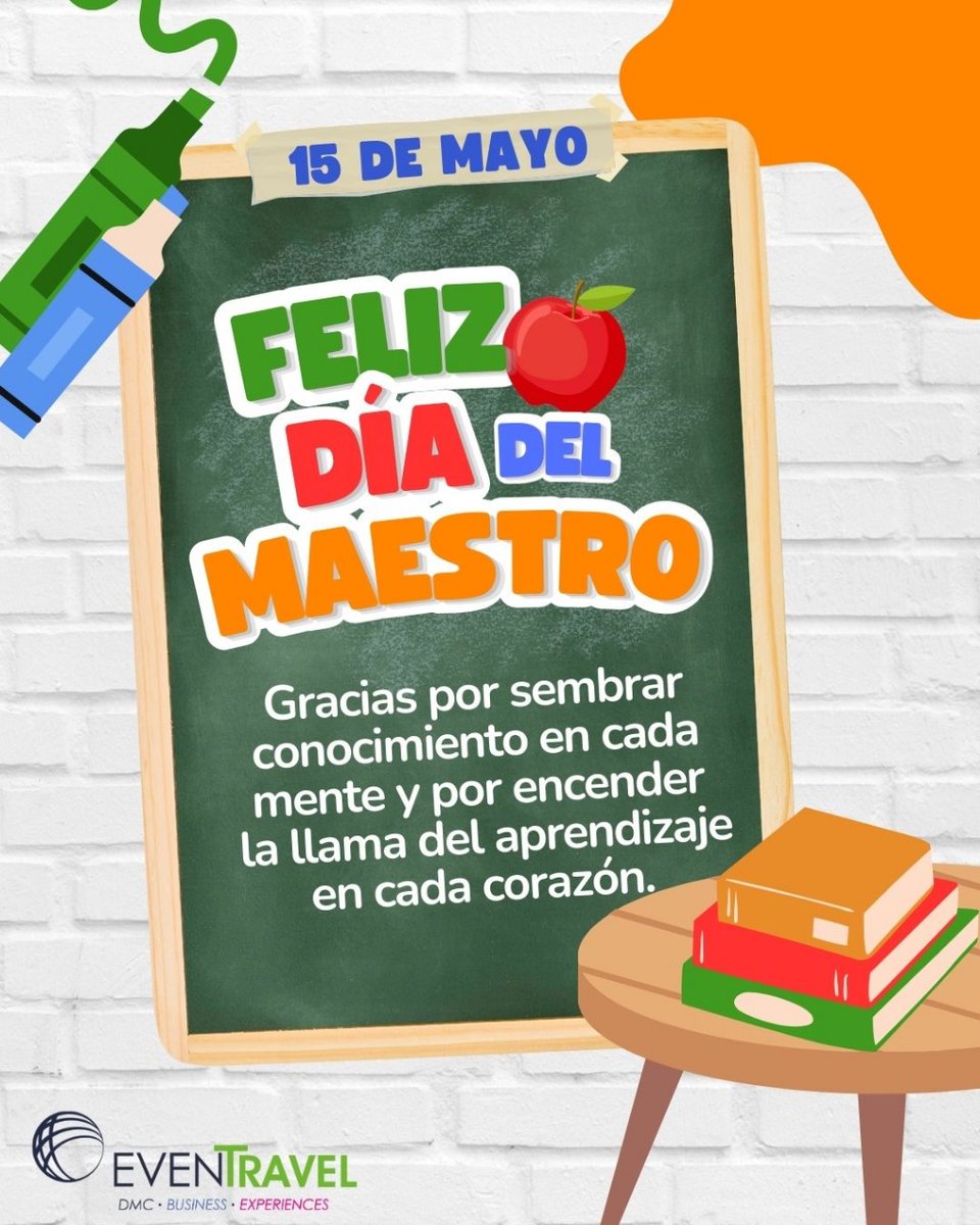 EventravelQRO's tweet photo. ¡Feliz #DíaDelMaestro!🍎📚

Hoy celebramos a aquellos cuya vocación va más allá de enseñar, celebramos a quienes inspiran, motivan y transforman vidas.

#EvenTravelDMC
#AmplíaTusHorizontes https://t.co/G1bKVbCkyv