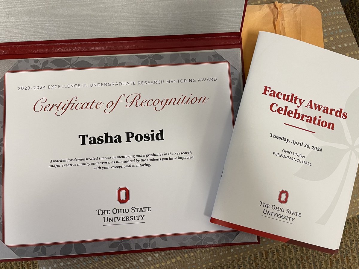 Congratulations to @TashaPosidPhD who received a 2024 Excellence in Undergraduate Research Mentoring Award, which recognizes those who have demonstrated success in mentoring students in their research endeavors (nominated by the student)! 👏👏 @OSUWexMed @ctleeuro @ugresearchOSU