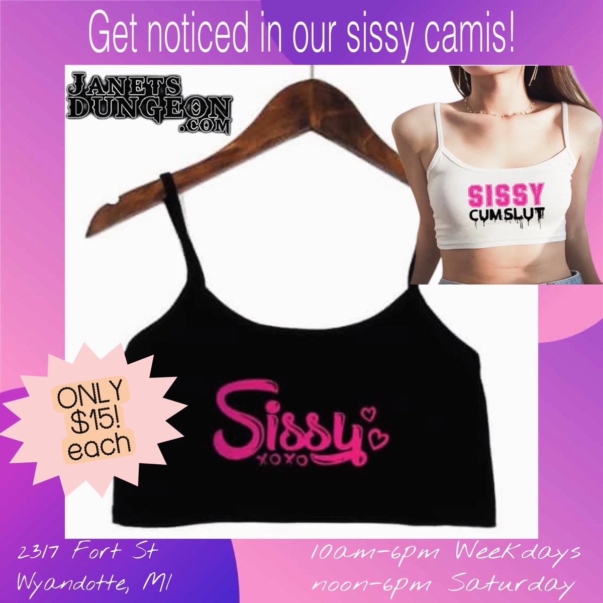 janetsdungeon's tweet photo. Get noticed out &amp; about or lounge &amp; play behind closed doors in our sissy camis! 2 styles available, 1 size fits some 😛, 32”-36” chest ONLY $15 each, only &amp; in the store #sissy #gotsissy #sissyclothes #sissylove #janets #croptop https://t.co/ASawKWtSi1