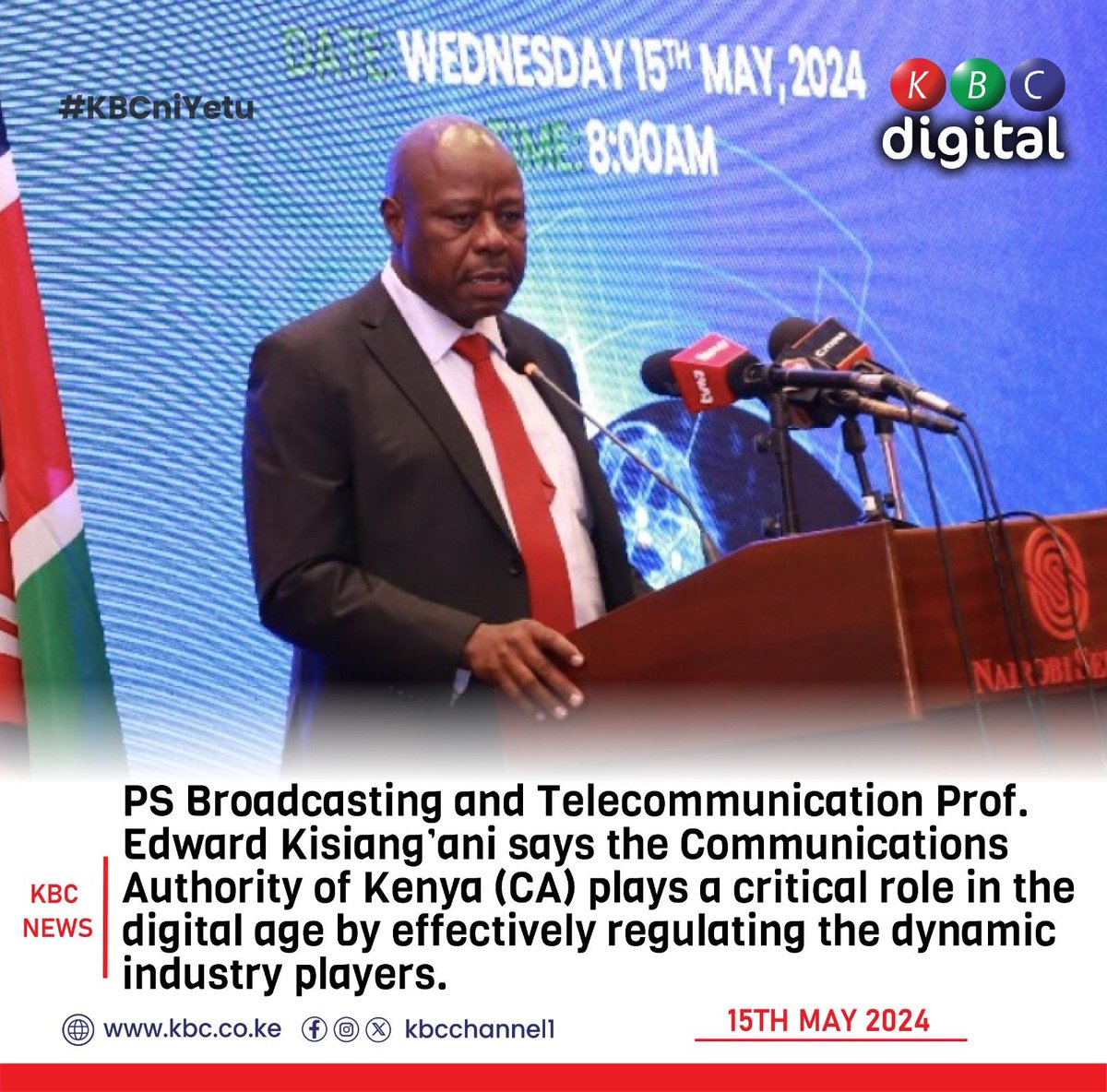 PS Broadcasting and Telecommunication Prof. Edward Kisiang’ani says the Communications Authority of Kenya (CA) plays a critical role in the digital age by effectively regulating the dynamic industry players. #KBCniYetu ^RO